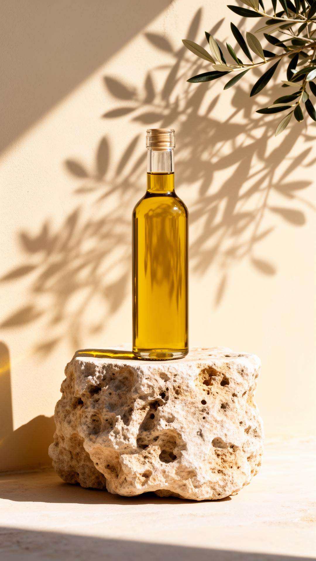 A single tall glass bottle of golden olive oil resting on raw limestone with dappled olive-leaf shadows