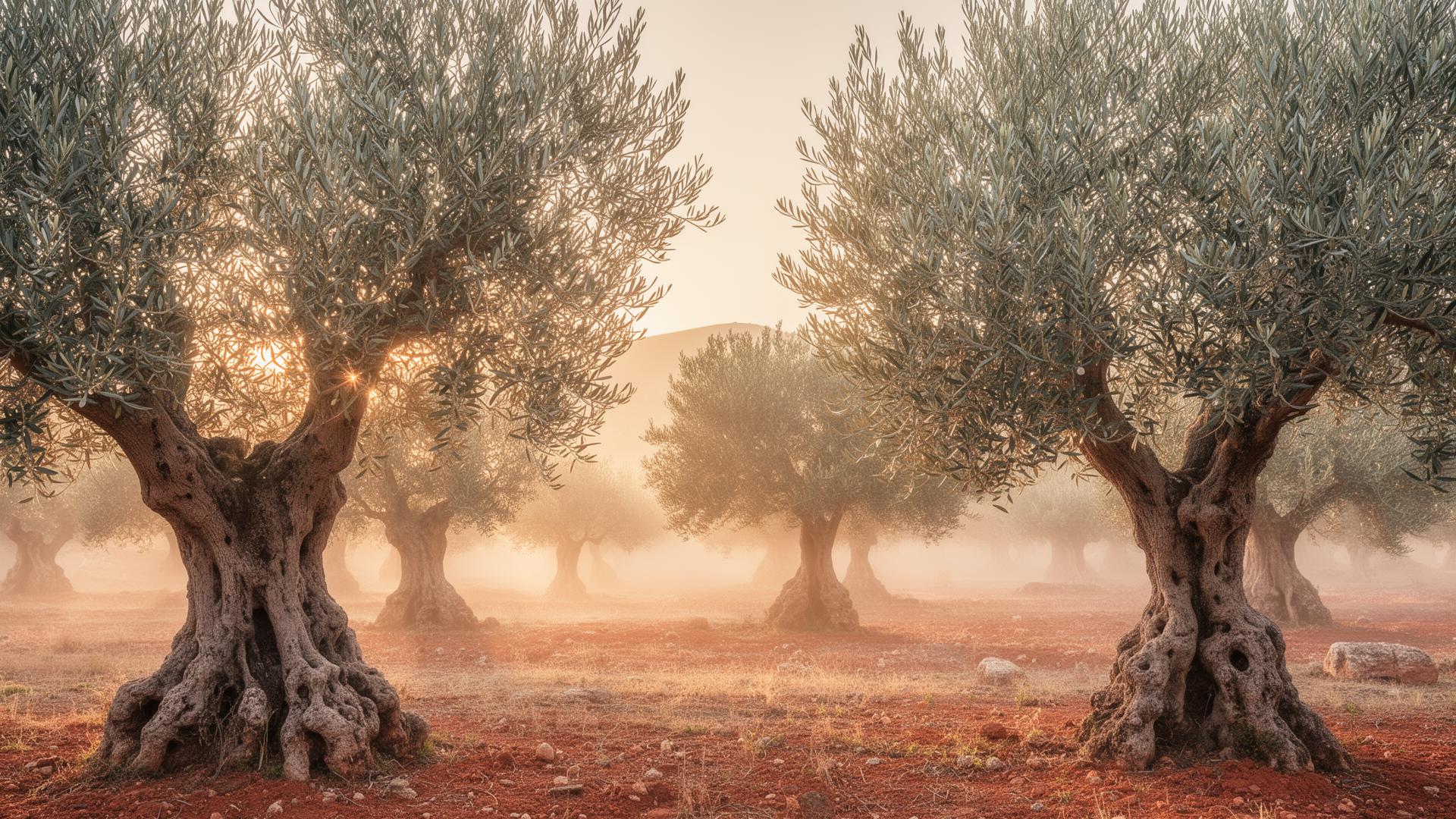 Ancient Greek olive grove at sunrise, silver leaves catching warm Mediterranean light