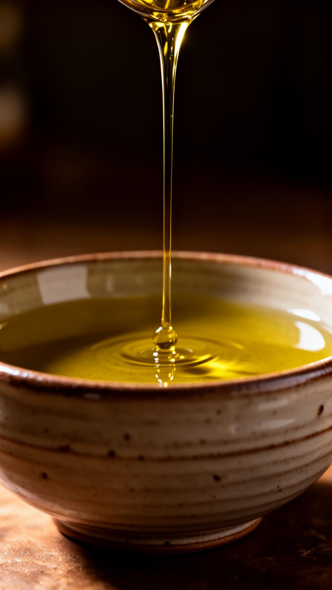 Macro shot of golden olive oil pouring in a slow stream into a rustic ceramic bowl