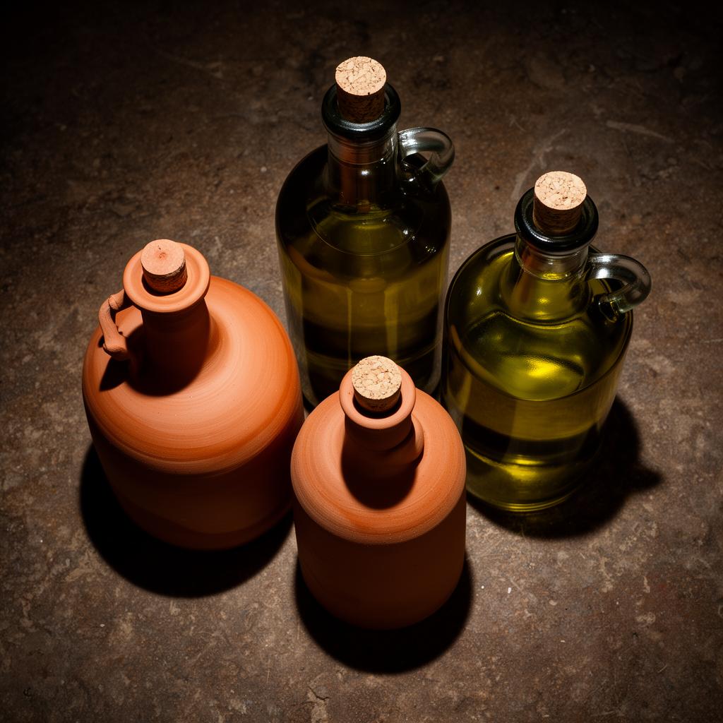Three artisanal ceramic and amber glass olive oil vessels arranged on a dark stone surface